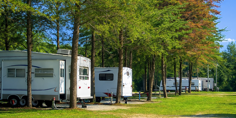 Sunny campground with RVs and trees